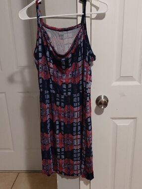 a.n.a Navy Blue & Red Patterned Midi Dress